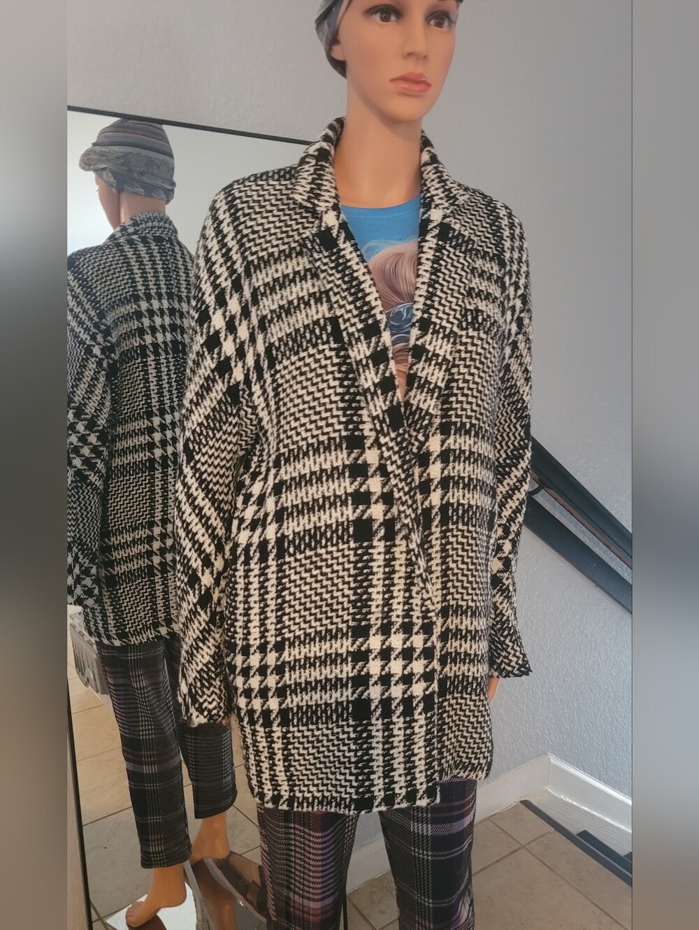 Mango Black & White Plaid Pea Short Coat